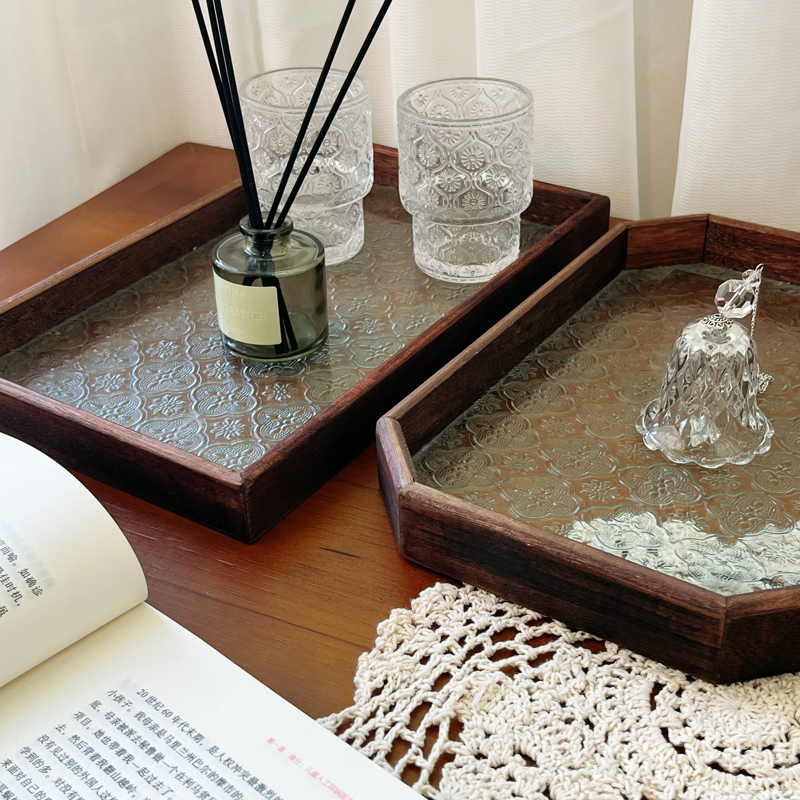 复古实木玻璃托盘八边形/矩形两款造型可选 家用托盘
