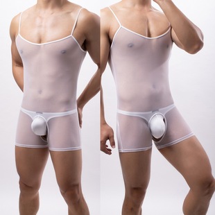 超薄吊带网纱连身内衣男透明背心短裤 一体连体衣女开裆连身衣大码