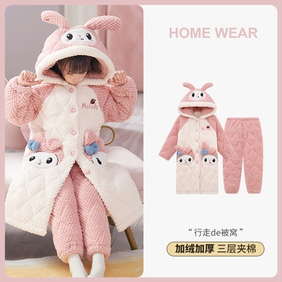 睡袍保暖加厚冬季套装三层夹棉女