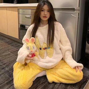 两件套装 可外穿法兰绒睡衣女秋冬季 少女学生甜美可爱珊瑚绒家居服