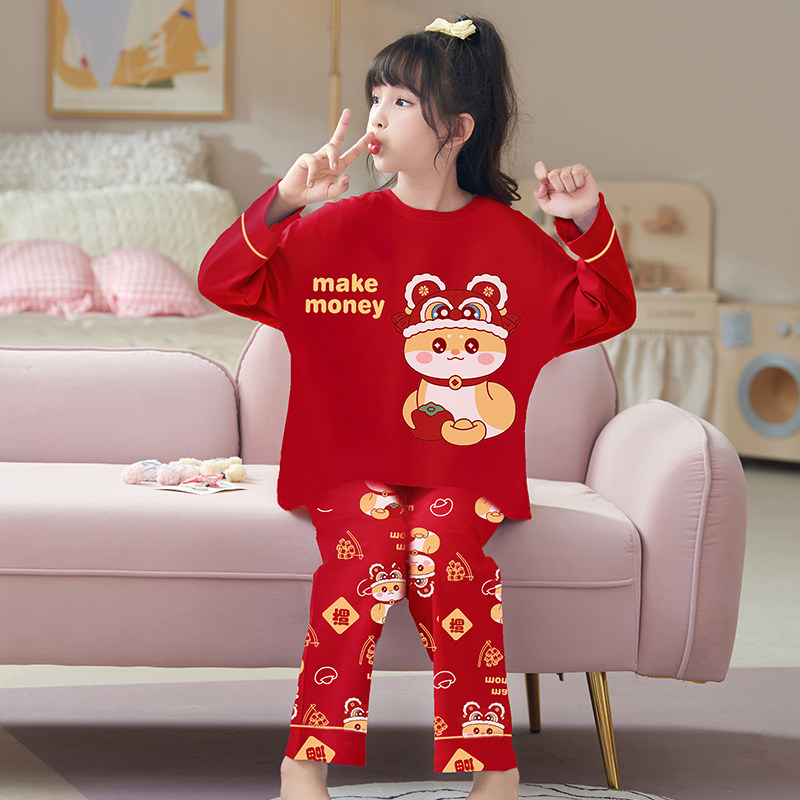 新款新年纯棉女童红色幅长袖睡衣甜美可爱女孩子中大童家居服套装