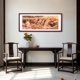 晋元恒手绘山水壶口瀑布漆画新中式沙发背景墙挂画客厅简约装饰画