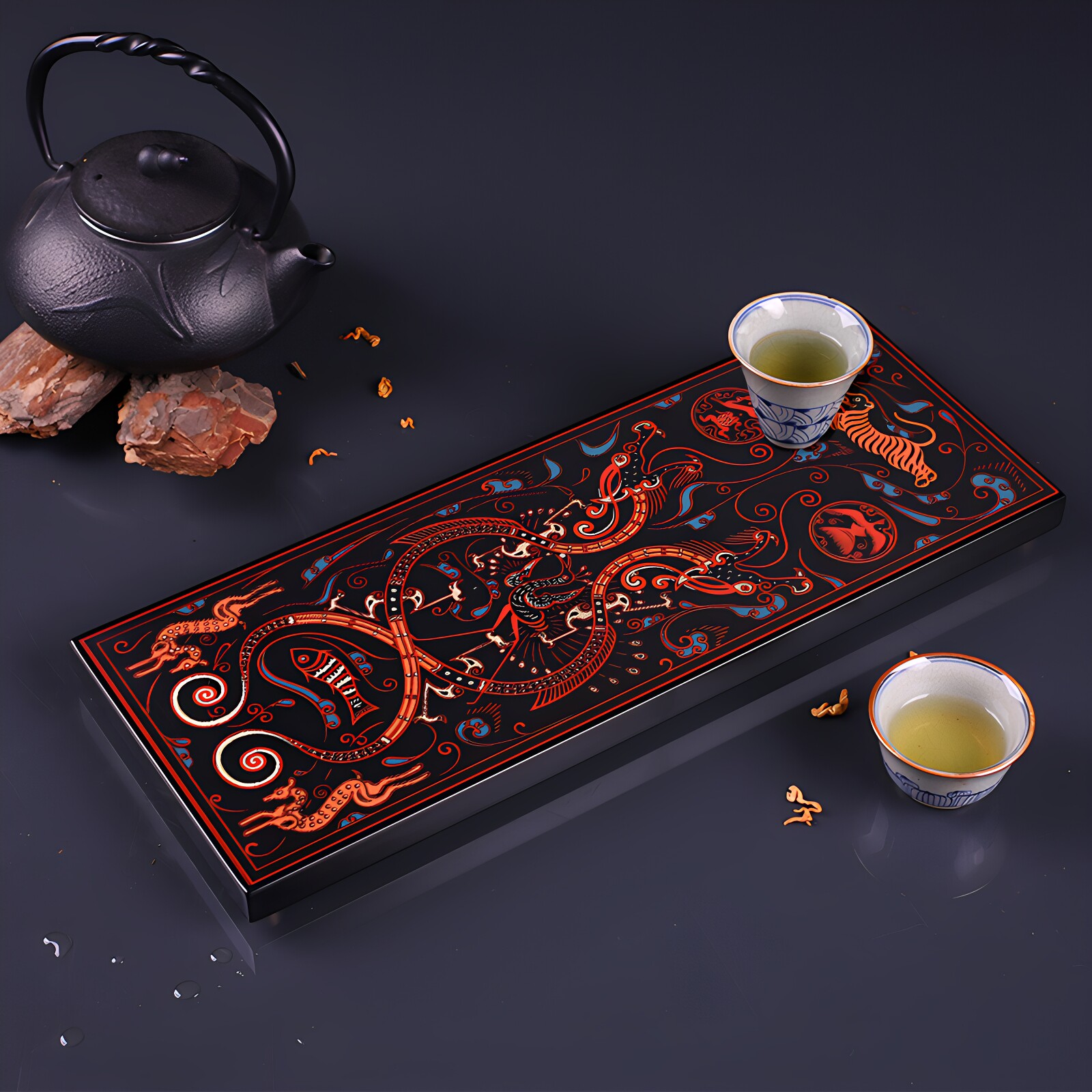 手绘汉纹漆器小茶盘中国风仿古木质茶台轻奢新中式禅意风桌面茶盘