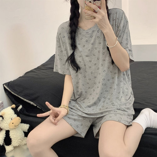 夏季带胸垫凉感莫代尔睡衣女套装