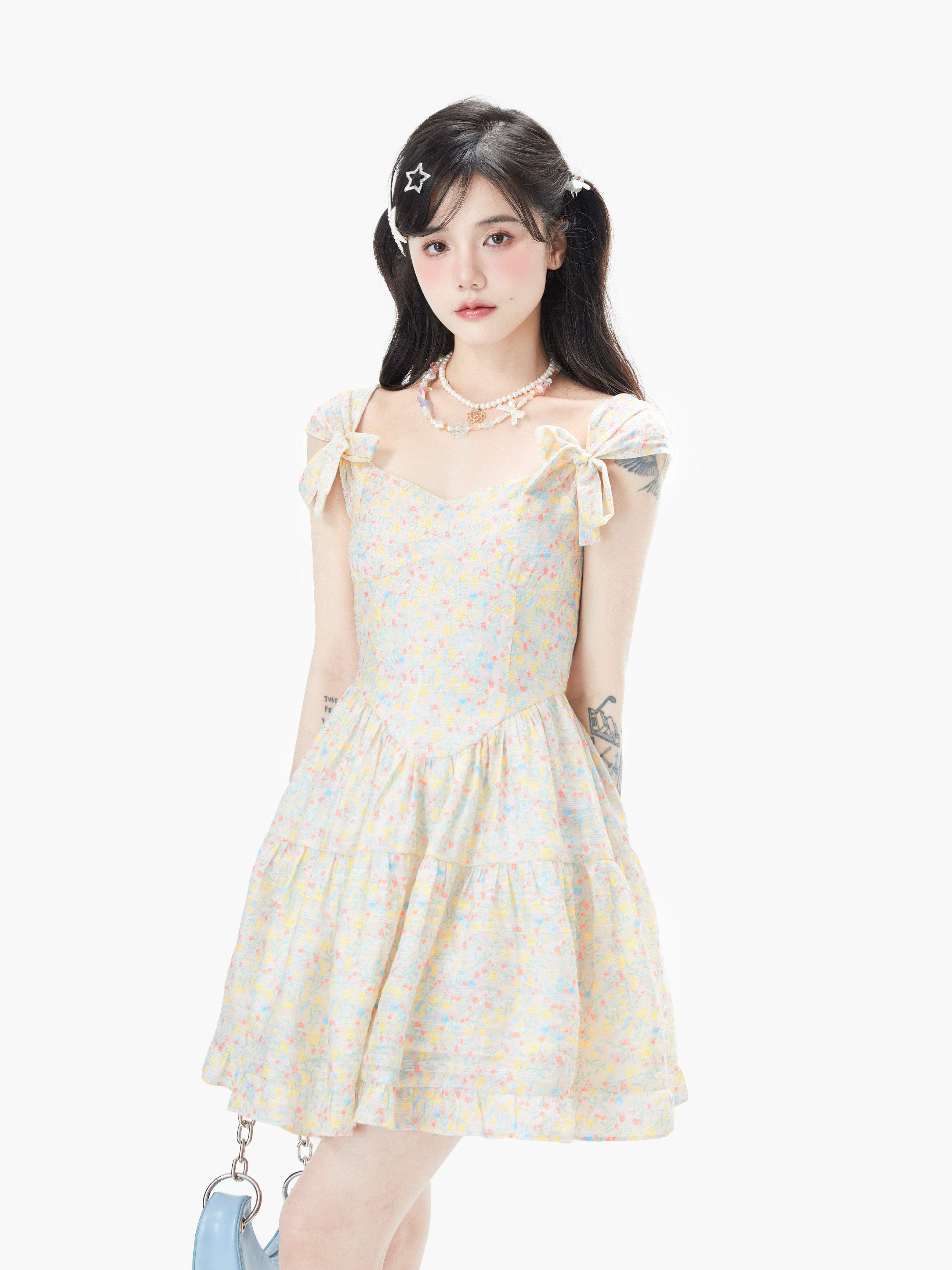 fortylions四十只狮 夏日碎花连衣裙收腰设计感蝴蝶结森系吊带裙