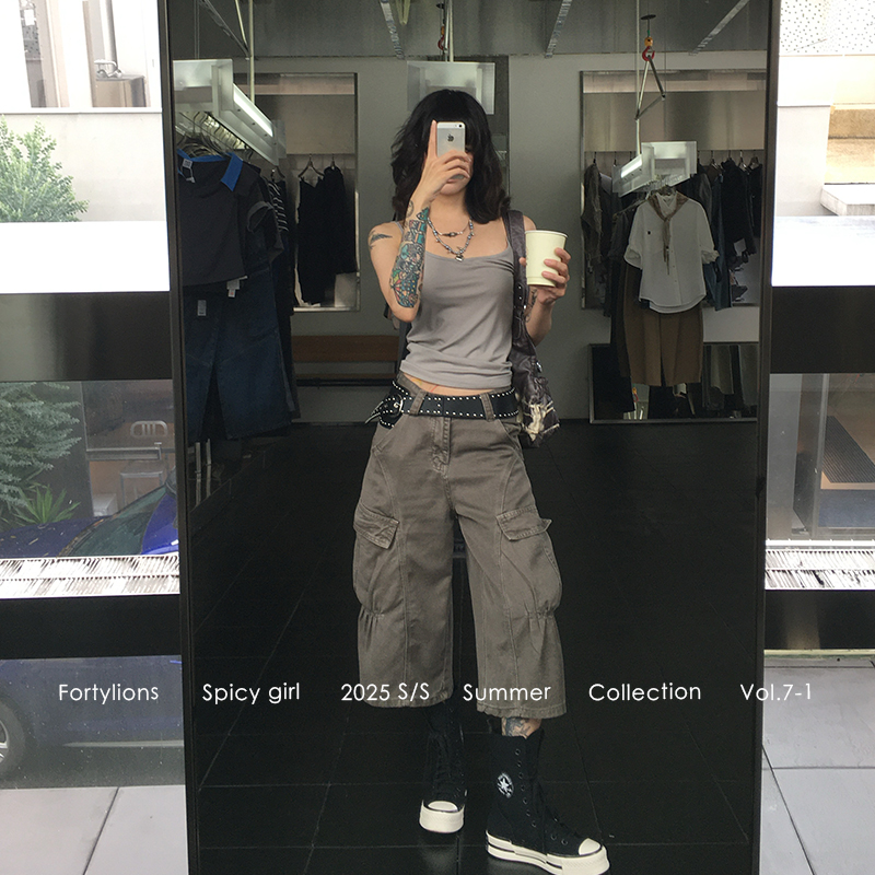 fortylions 美式复古多口袋工裤女新款高腰显瘦宽松阔腿七分裤子