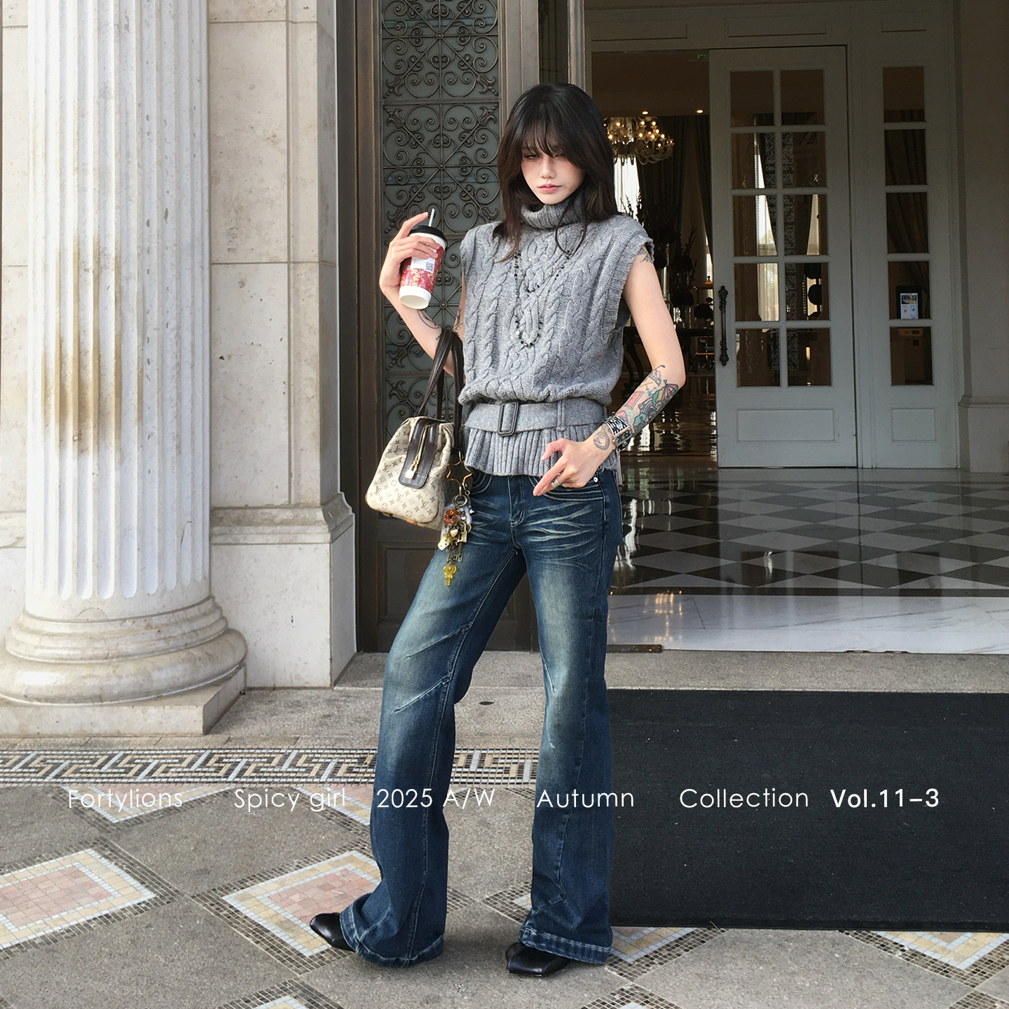 fortylions 蓝色做旧加绒牛仔裤闪电纹廓形直筒牛仔裤微喇休闲裤