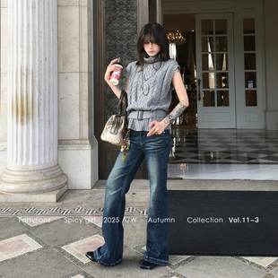 fortylions 蓝色做旧加绒牛仔裤闪电纹廓形直筒牛仔裤微喇休闲裤