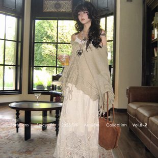 fortylions钩花镂空针织连帽开衫羊毛绣球宽松外套女秋季系带上衣