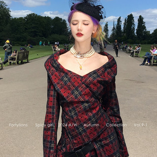 露肩西装 波点格纹网纱套装 上衣半身裙 西太后 fortylions四十只狮