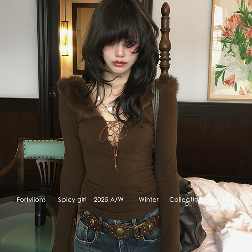 fortylions 系带毛领V领修身打底衫女内搭针织上衣短款系带毛衣