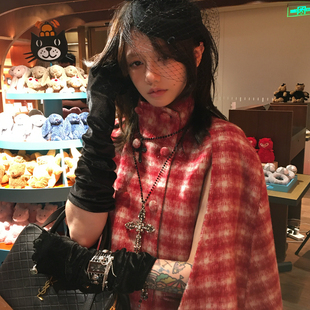 fortylions 复古斗篷双面呢大衣无袖格纹马甲双排扣立领呢子外套