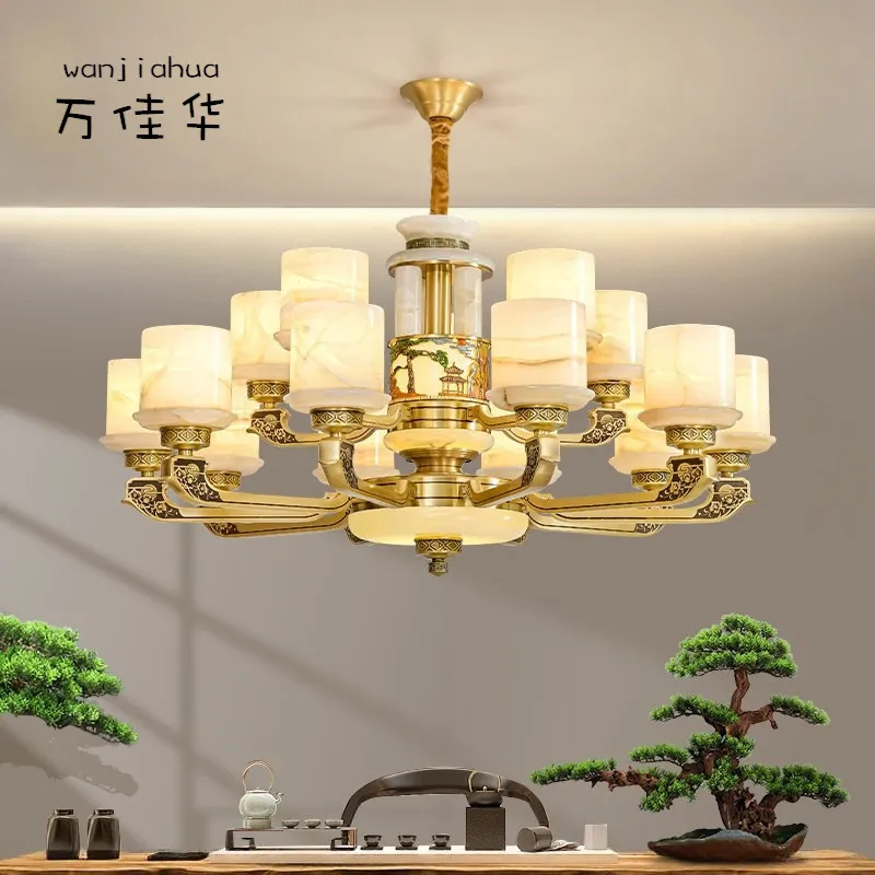 全铜玉石新中式吊灯客厅灯中国风复式楼别墅酒店大灯具卧室餐厅灯,家装灯饰光源,智能吊灯,淘宝优惠券,粉丝福利购,淘宝优惠卷