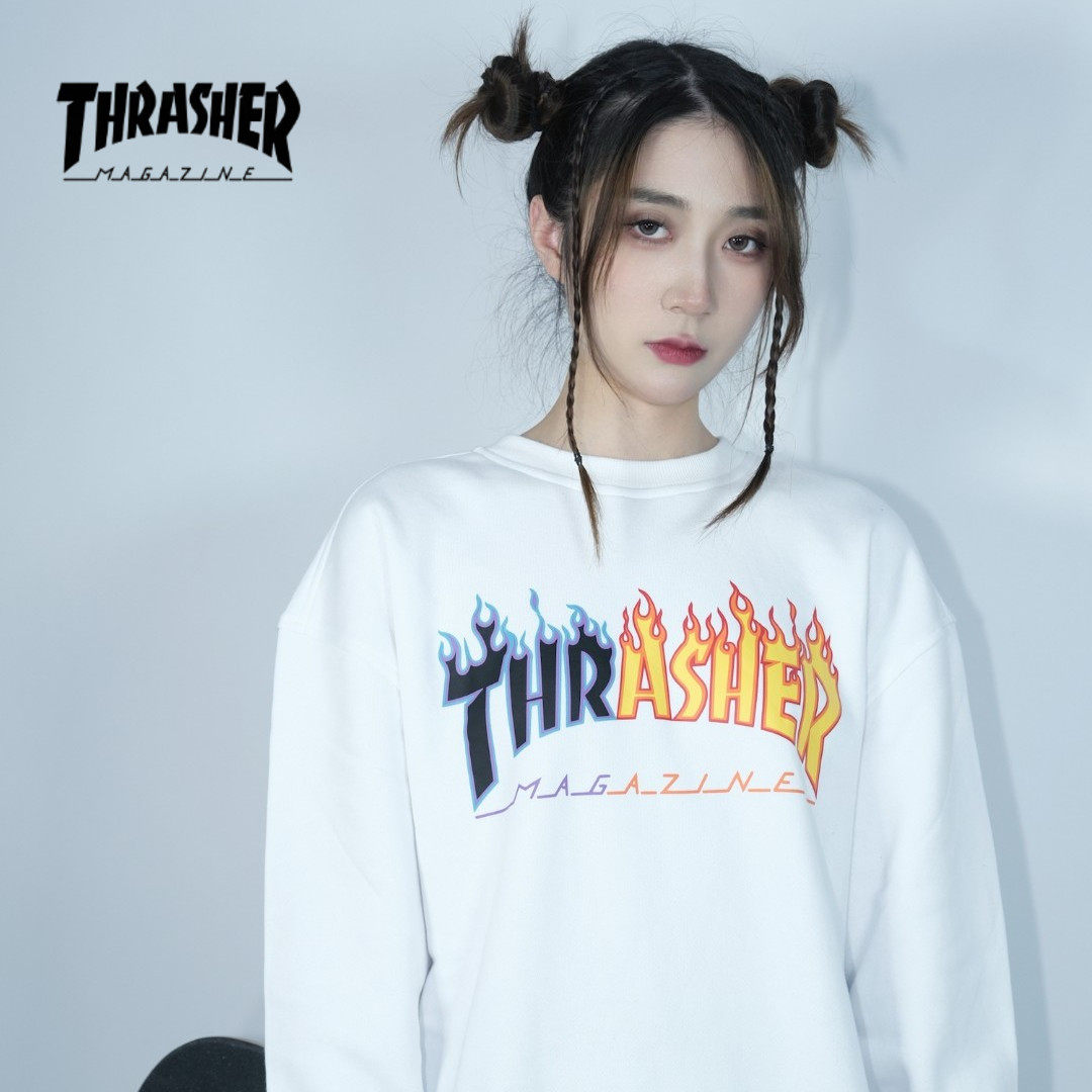 thrasher日版阴阳火焰印花圆领卫衣美式街头oversize情侣百搭春秋
