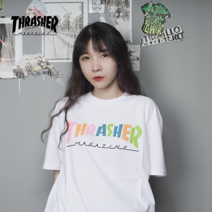 THRASHER日版彩虹印花LOGO撞色设计圆领短袖T恤春夏情侣百搭男女