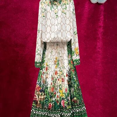 欧洲站春夏新款名媛翻领长袖钉珠镶钻亮片气质百褶半身裙二套装裙