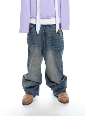 taitm x ybs 内裤拼接双腰不对称宽松直筒落裆水洗做旧阔腿牛仔裤