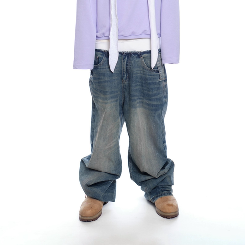 taitm内裤拼接双腰阔腿牛仔裤