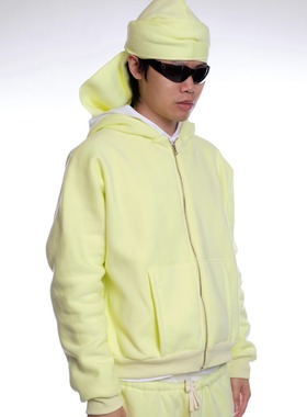 taitm异型连帽衫荧光淡黄色加绒拉链短宽卫衣极简解构设计