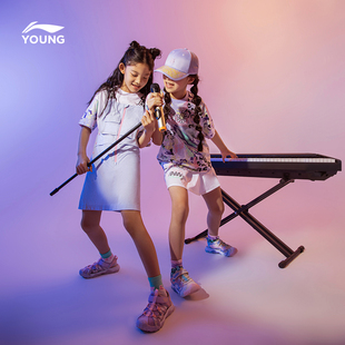 李宁童装圆领短袖T恤女大童2023新款运动生活系列宽松夏季运动服