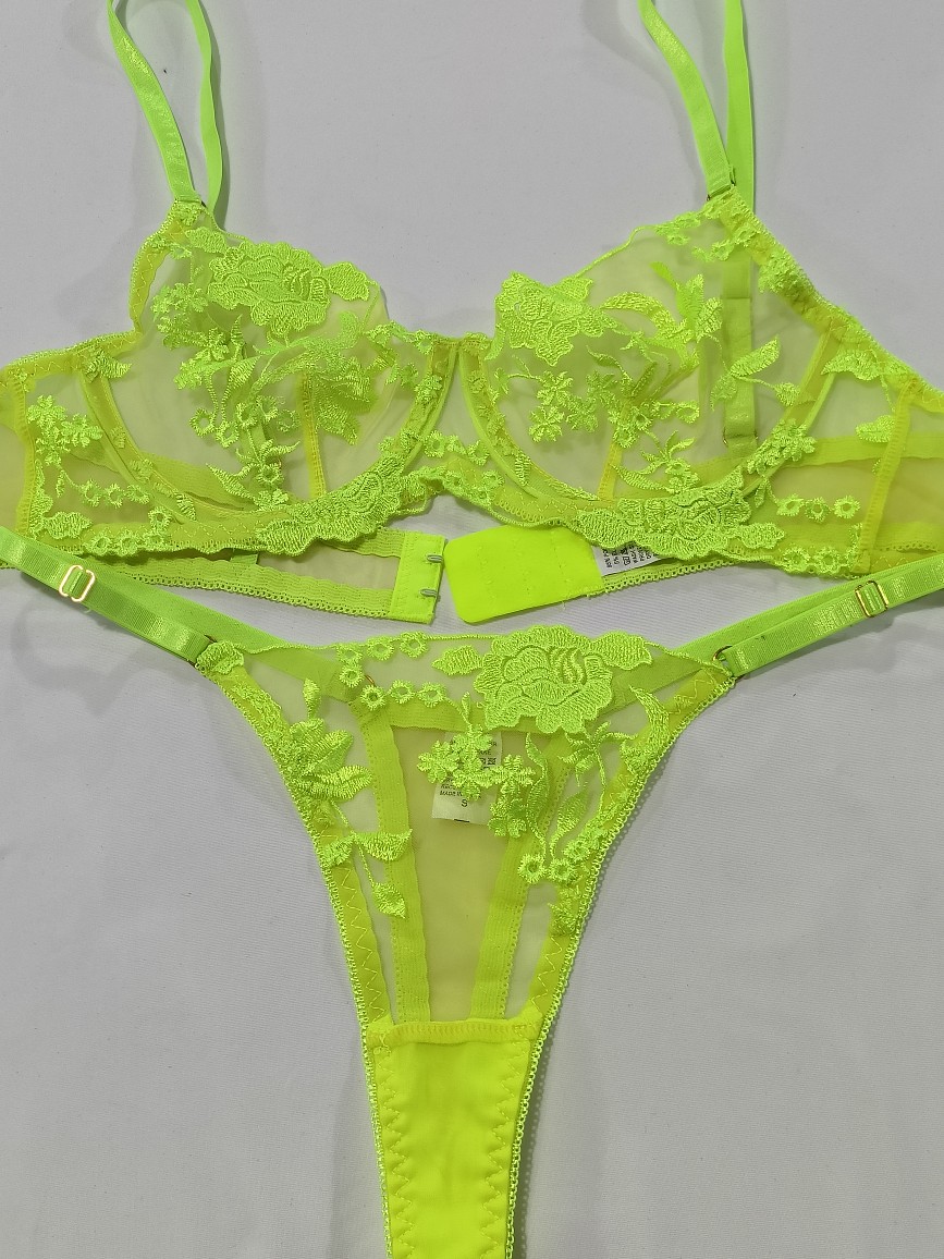 欧美法式透视薄款刺绣蕾丝花边露背聚拢纯欲荧光绿文胸内衣套装
