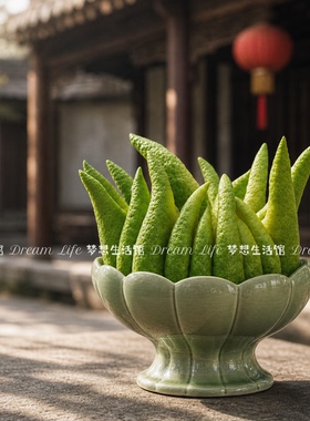 佛手柑复古陶瓷花瓶绿色荷叶家居装饰摆件中式风格高脚托盘花器