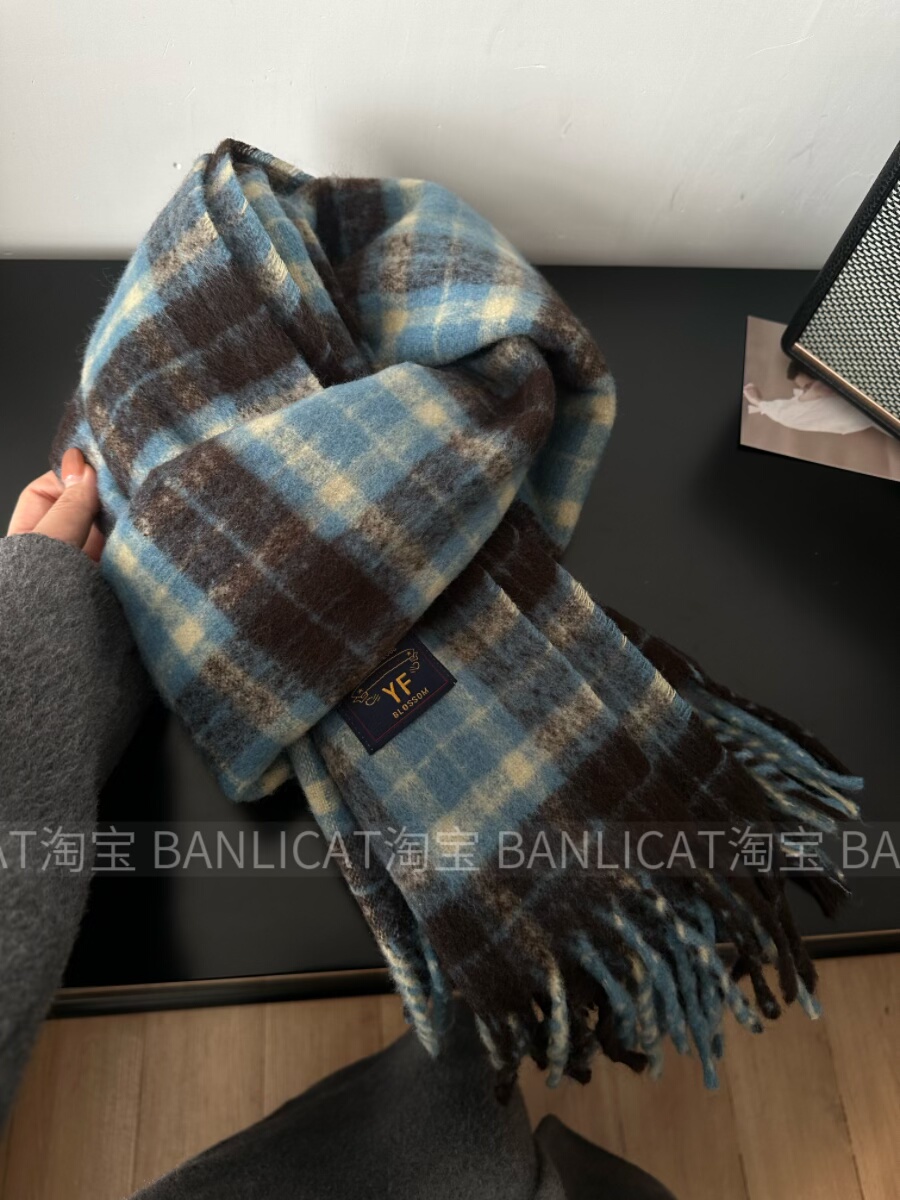 氛围感蓝棕  25秋冬新款韩版显白格子围巾女高级感保暖围脖披肩男