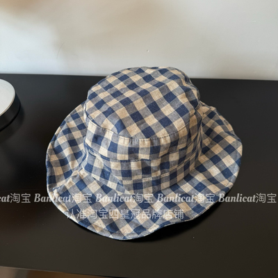 2025有型轻薄棉麻格子渔夫帽女夏 出游遮阳礼帽大头围显脸小盆帽