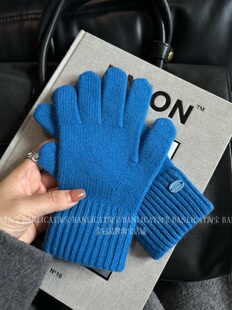 2025新品 100%羊毛显白蓝色针织手套男女韩国冬保暖骑行分指手套