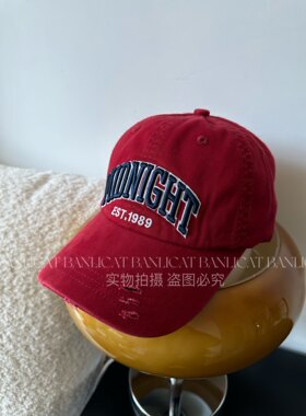 显白 美式复古酒红色字母宽檐棒球帽子男女大头围显脸小鸭舌帽潮