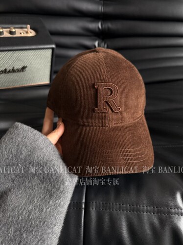 BanliCat 重工秋冬新品 韩系大头围字母R灯芯绒棕色棒球帽子男女
