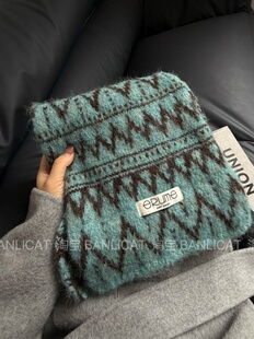 BanliCat 费尔岛提花波浪纹含羊毛针织围巾男女冬季保暖显白围脖