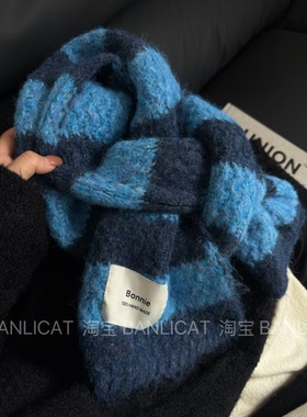 BanliCat 显白蓝色针织韩版拼色围巾男女冬2025新款保暖披肩围脖