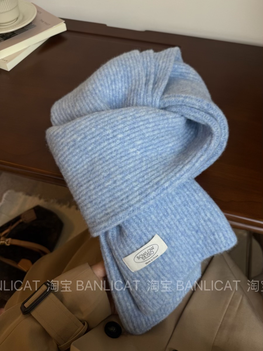 韩国ins风纯色针织显白浅蓝色羊毛混纺围巾男女冬保暖披肩围脖礼