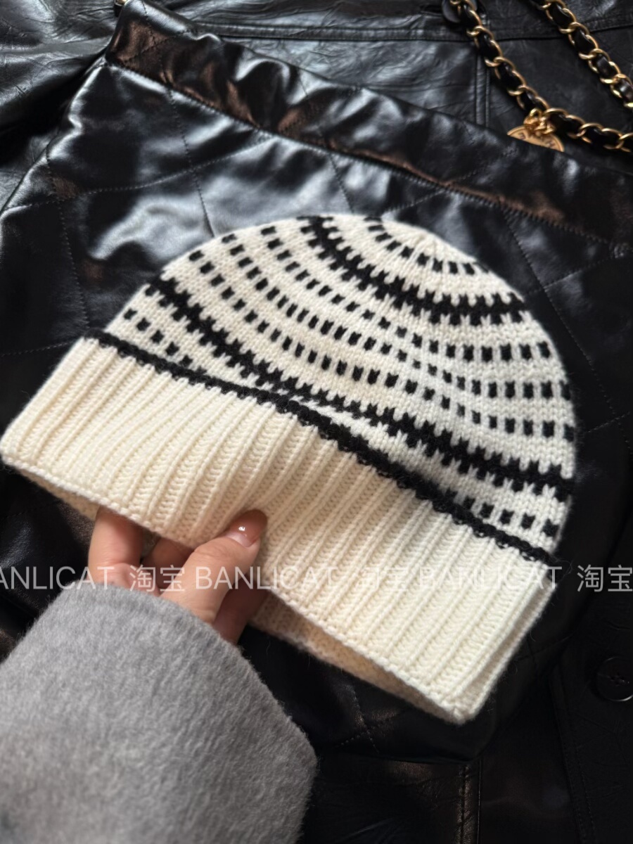 BanliCat 100%黑白针织帽男女韩版秋冬保暖护耳显脸小毛线帽冷帽