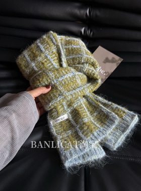 BanliCat 26年冬保暖韩系羊毛混纺绿色格子针织毛线围巾男女披肩