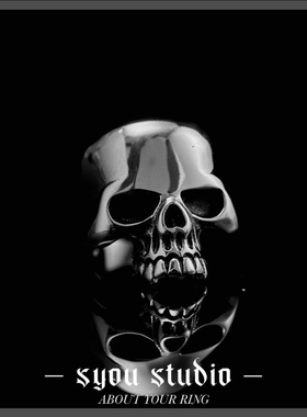 Syou复古黑色钢色经典骷髅头钛钢戒指欧美暗黑小众个性ins指环