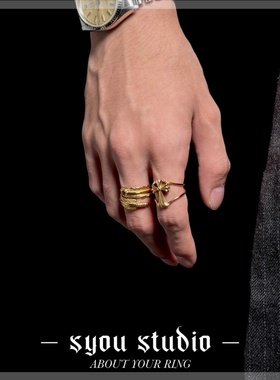 Syou复古黑金羽毛钛钢戒指