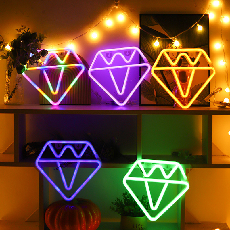 跨境ins新款钻石霓虹灯LED灯造型灯卧室摆件网红装饰小夜灯氛围灯