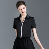 气质职业衬衣黑色雪纺衫 夏真丝上衣女短袖 女高端2026新款 缎面衬衫