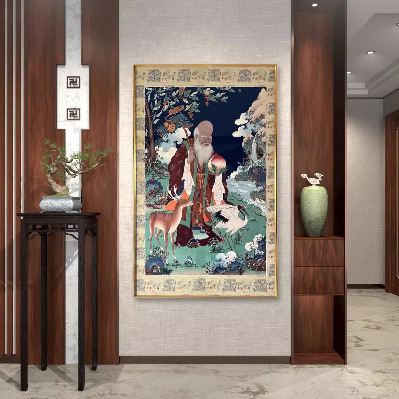 轻奢晶瓷镶钻挂画入户玄关装饰画国画人物风格走廊挂画进门墙壁画图片