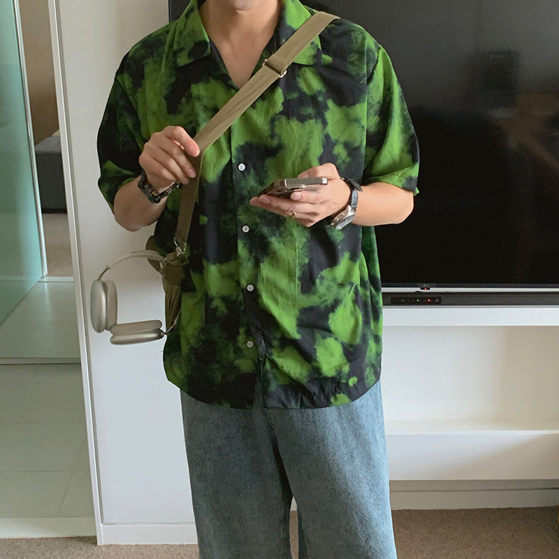 夏季ulzzang扎染垂感夏威夷短袖衬衫男古巴领宽松衬衣CT211-P45,男装衬衫,四季星座713