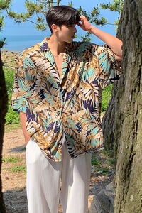 夏季夏威夷垂感冰爽树叶短袖衬衫男韩版宽松海边衬衣CT277-P45图片