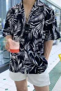 夏季帅气落肩垂感热带树叶花短袖衬衫男韩版宽松休闲衬衣CT31-P45图片