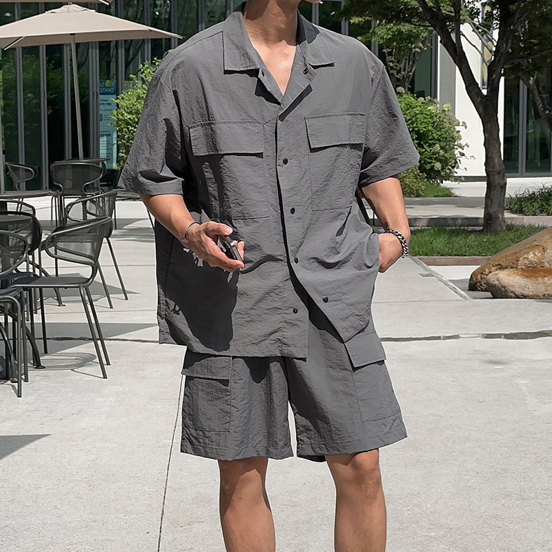 夏季轻薄短袖衬衫防晒服套装韩版宽松工装短裤二件套CT767-P85，男装衬衫，四季星座713