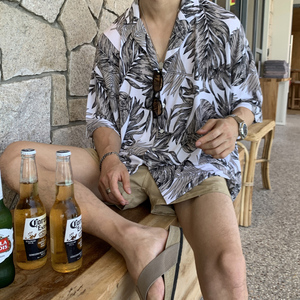 夏季oversize帅气垂感树叶纹短袖衬衫男韩版宽松落肩衬衣CT28-P45图片