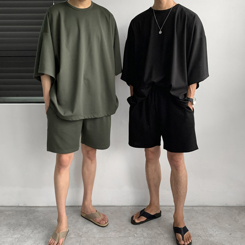 夏季ulzzang垂感两件套运动短袖T恤套装男韩版体恤短裤潮CT88-P75图片