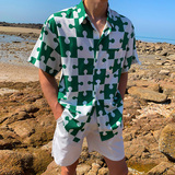 夏季帅气夏威夷垂感格子短袖衬衫男古巴领宽松海边衬衣CT233-P45，男装衬衫，四季星座713