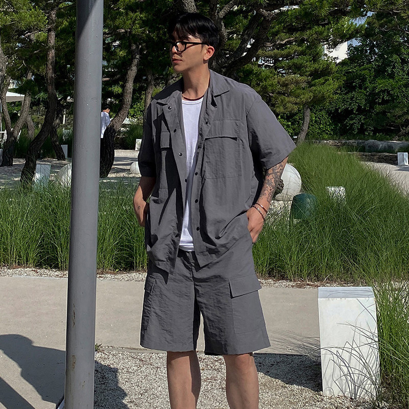 夏季轻薄短袖衬衫套装男韩版宽松二件套短裤衬衣一套CT767-P85,男装衬衫,四季星座713