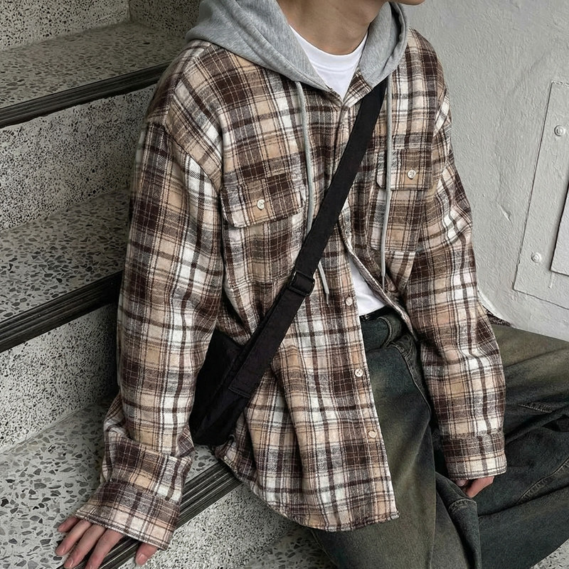 春oversize高品质韩格子连帽长袖衬衫男韩版宽松衬衣CT111-P65,男装衬衫,四季星座713